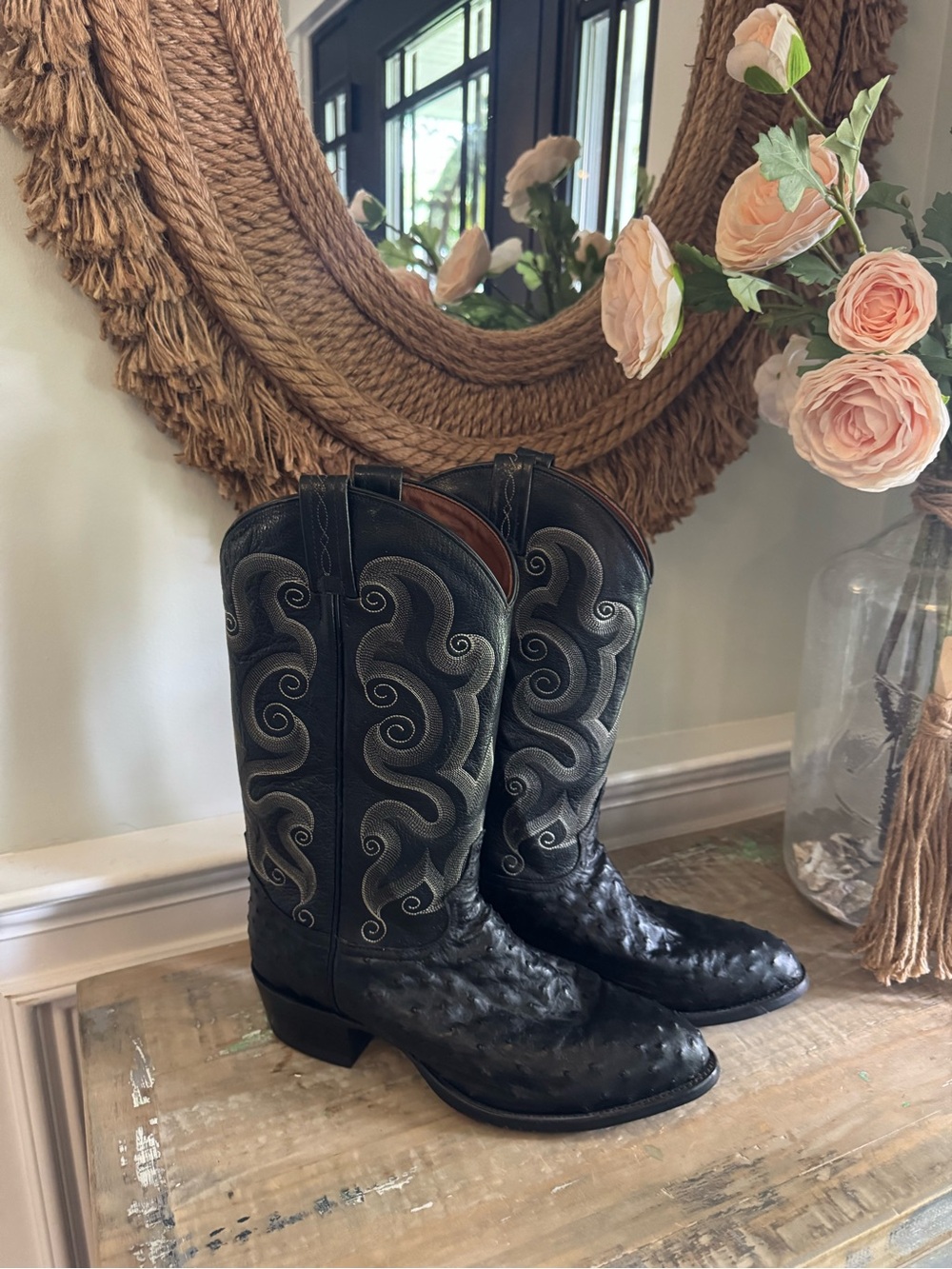 Tony Lama Black Ostrich Pointed Toe Western Boots 10.5